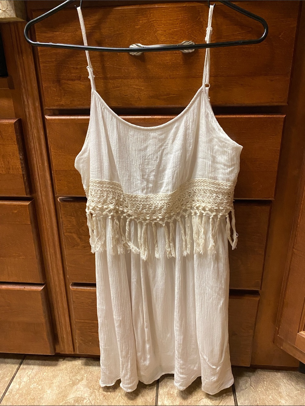 White w/Cream Crochet Fringe Dress with Spaghetti Straps-M Summer